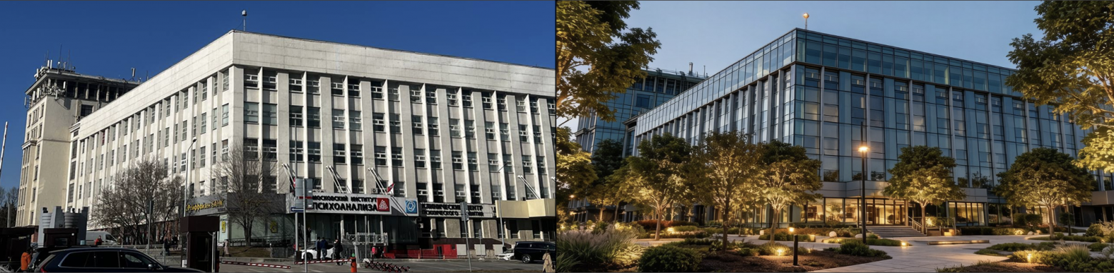 "Сделай фасады всех зданий в современном стиле, из стекла. Сделай ландшафтный дизайн, деревья, освещение , парковая зона. Вечернее время."